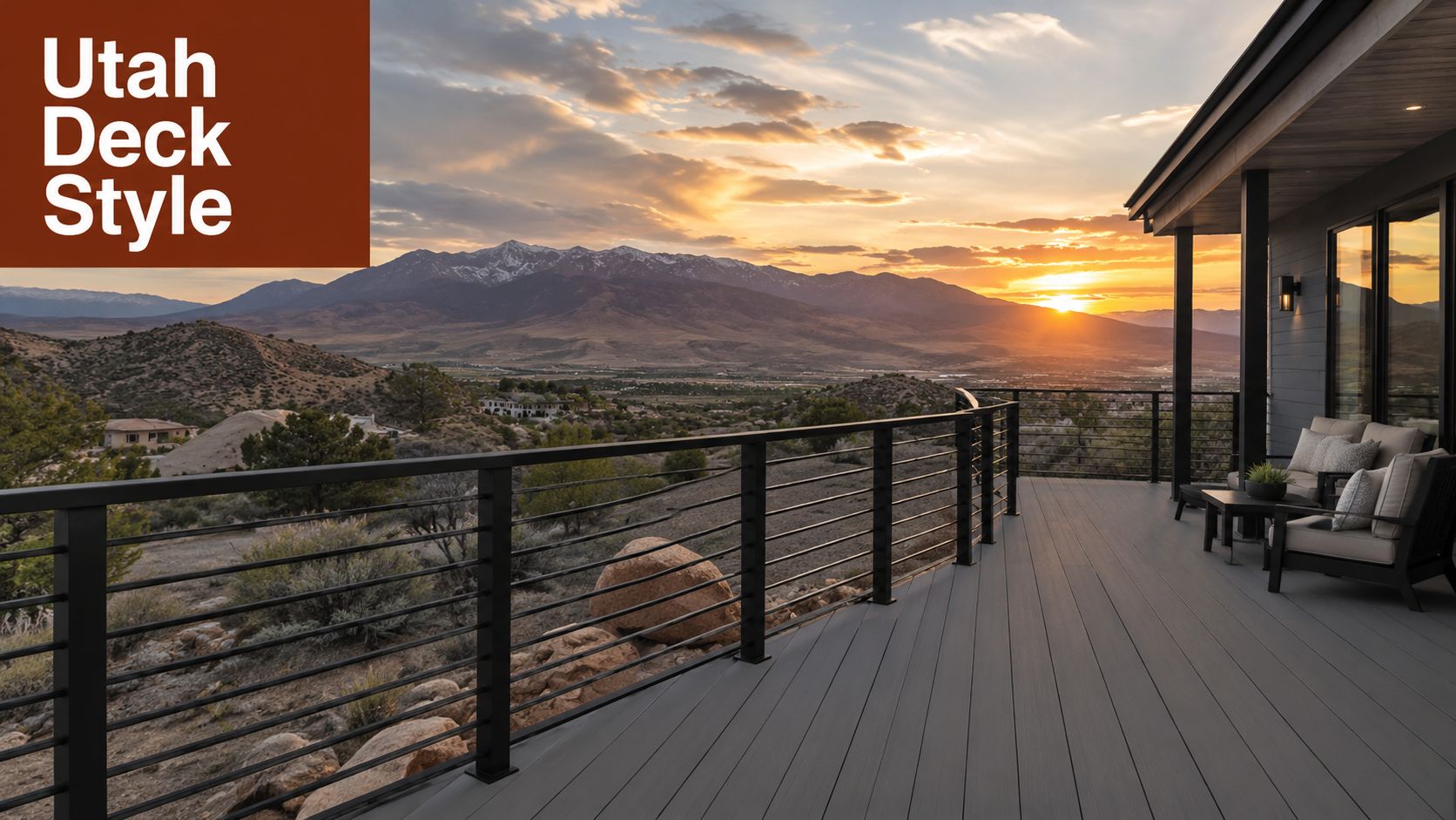 A modern deck with black aluminum railings overlooking a scenic desert valley at sunset in Utah.