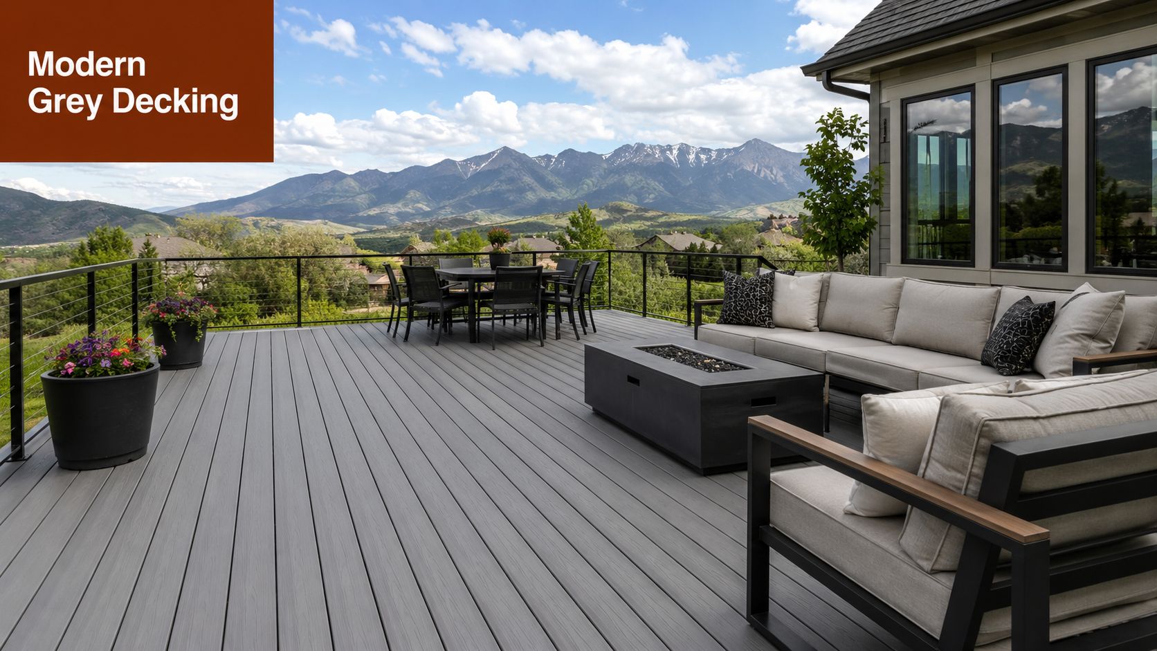 A modern outdoor deck featuring grey composite decking boards with luxury patio furniture and mountain views.