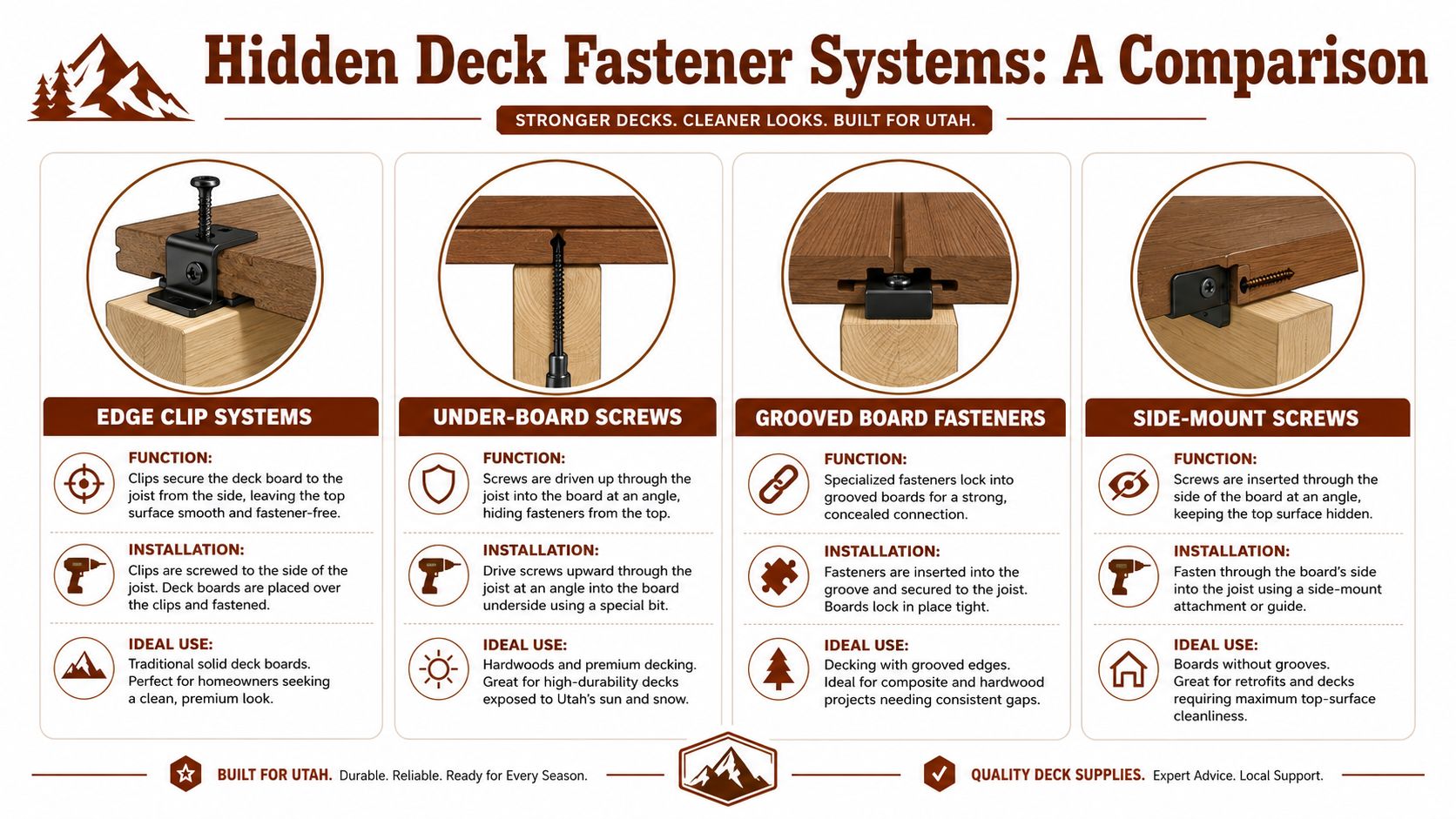 A comparison chart of four types of hidden deck fastener systems including edge clips, screws, and mounts.