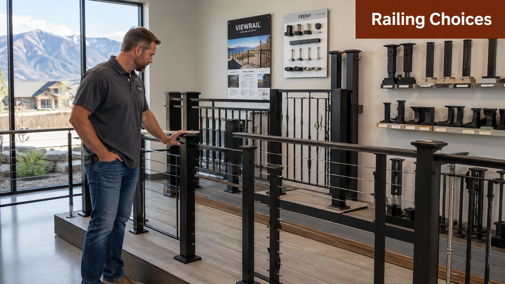 A man standing in a showroom examining different styles of metal deck railing systems and hardware.